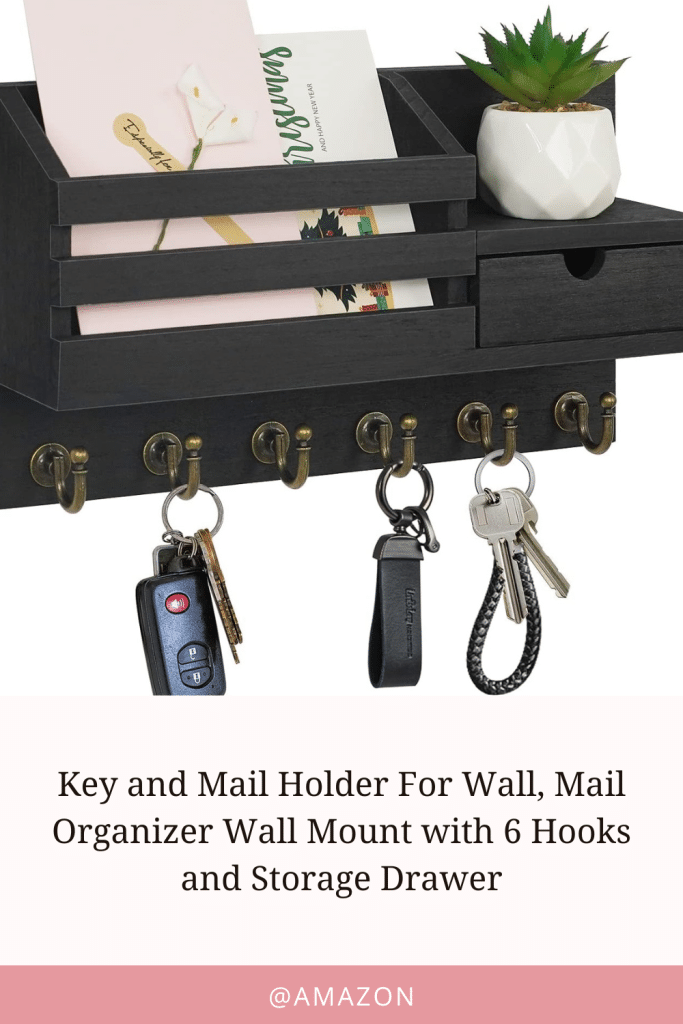 A Wall-Mounted Mail Organizer With A Shelf, Hooks, And A Small Drawer, Used To Organize Keys And Mail.