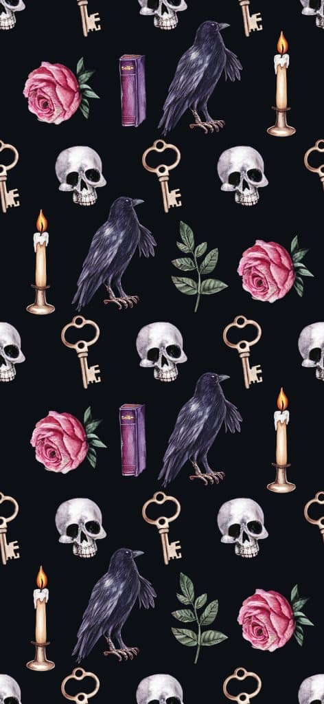 Dark Academia Phone Wallpapers 🔮 Dark Academia Aesthetic Iphone Wallpaper Featuring Vintage Ravens, Antique Books, Skulls, And Candles On A Black Background.