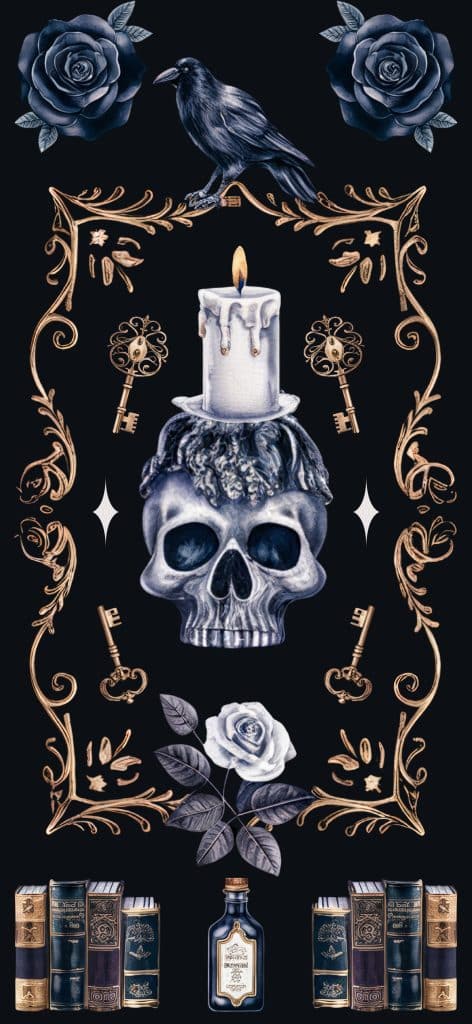 Dark Academia Phone Wallpapers 📚 Dark Academia Iphone Wallpaper Featuring A Gothic Skull With A Candle, Vintage Books, Antique Gold Filigree, And Moody Dark Roses On A Black Background.