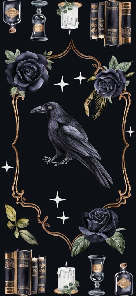 Dark Academia Phone Wallpapers 🔮 Dark Academia Aesthetic Iphone Wallpaper Featuring A Vintage Raven, Ornate Golden Frames, Black Roses, Old Books, And Mystical Candles On A Deep Black Background.