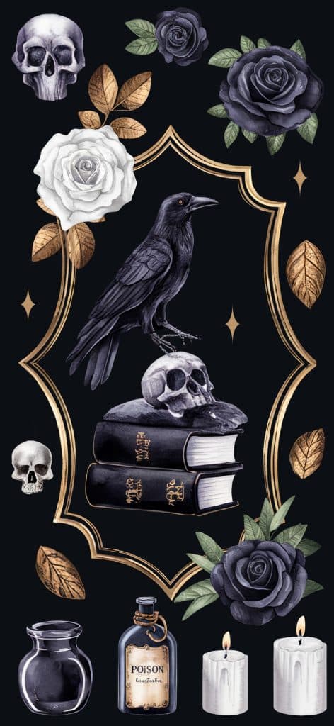 Dark Academia Phone Wallpapers 📚 Dark Academia Aesthetic Iphone Wallpaper Featuring A Raven On Antique Books, Gothic Skulls, Gold Ornate Frames, Black Roses, And Vintage Candles On A Deep Black Background.