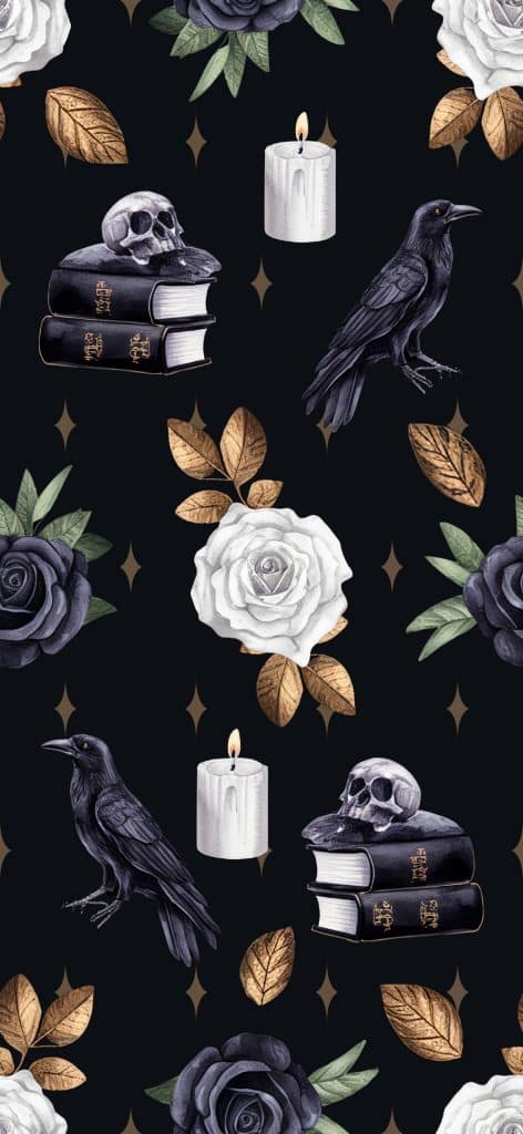 Dark Academia Phone Wallpapers 📚 Dark Academia Aesthetic Iphone Wallpaper Featuring Gothic Ravens, Old Books, Black And White Roses, Candles, And Gold Vintage Details On A Deep Black Background.