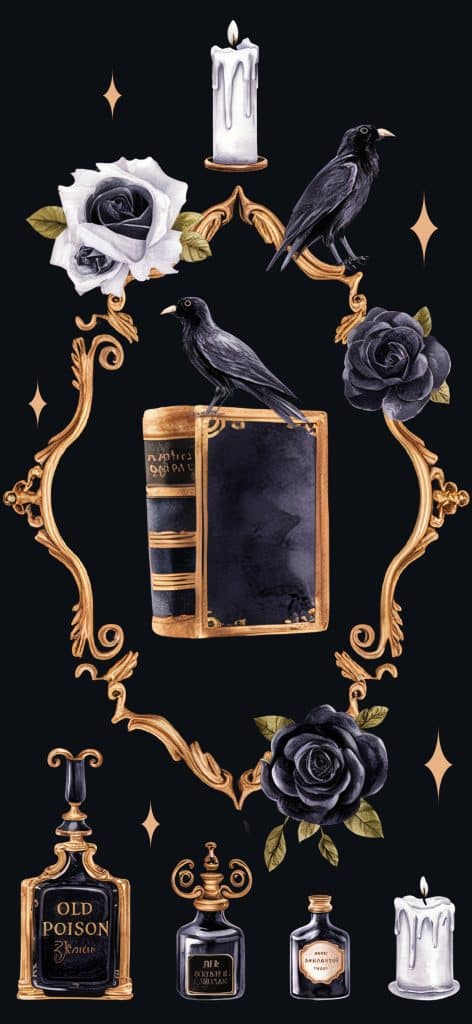 Dark Academia Phone Wallpapers 📚 Dark Academia Aesthetic Iphone Wallpaper Featuring Gothic Crows, Ornate Gold Frames, Vintage Poison Bottles, Candles, And Old Books On A Deep Black Background.