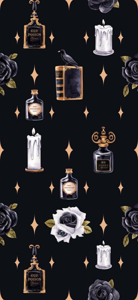 Dark Academia Phone Wallpapers 📚 Dark Academia Aesthetic Iphone Wallpaper Featuring Vintage Apothecary Poison Bottles, Gothic Candles, Black And White Roses, And Gold Star Details On A Deep Black Background.