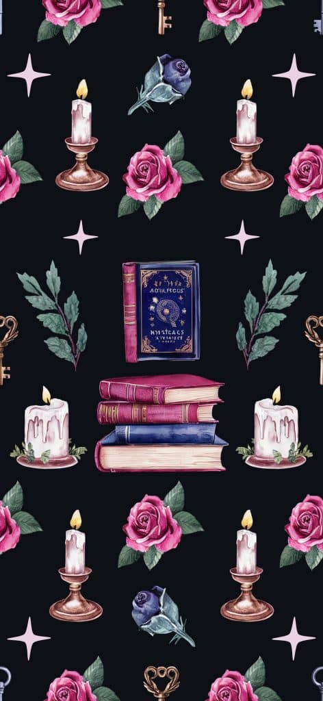 Dark Academia Phone Wallpapers 📚 Dark Academia Aesthetic Iphone Wallpaper Featuring A Mystical Blue Spellbook, Vintage Stacked Books, Deep Pink Roses, Antique Candle Holders, And Celestial Star Accents On A Black Background.