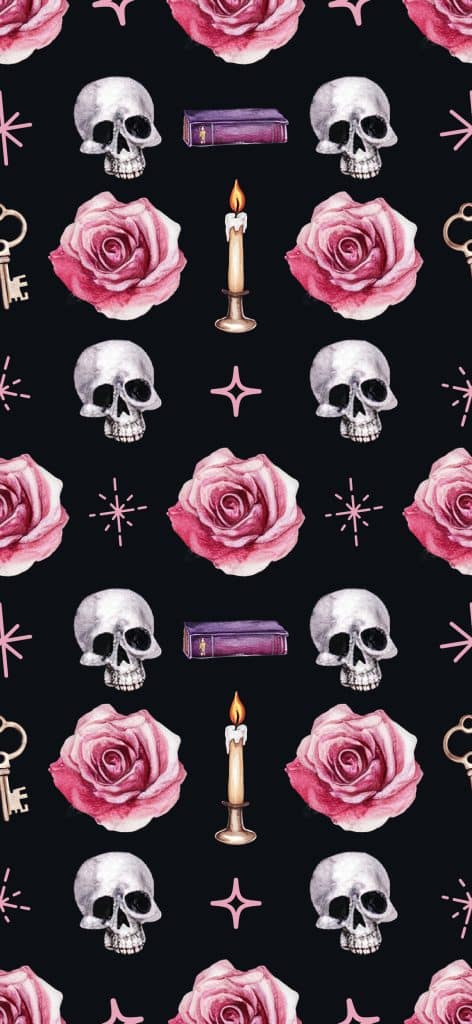 Dark Academia Phone Wallpapers 🔮 Dark Academia Aesthetic Iphone Wallpaper Featuring Skulls, Books, Roses, Antique Candles, And Mystical Pink Sparkles On A Black Background.