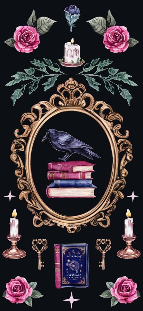 Dark Academia Phone Wallpapers 📚 Dark Academia Iphone Wallpaper Featuring An Ornate Gold Mirror, A Mysterious Raven Perched On Antique Books, Spellbooks, Glowing Candles, And Gothic Floral Accents On A Black Background.