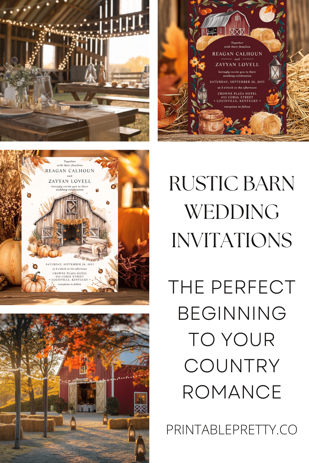Rustic Barn Wedding Invitations Featuring Fall Colors And A Barn Illustration.