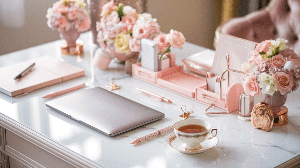 Privacy Policy - Feminine Workspace With Elegant Floral Decor, Tea, And Laptops On A Marble Desk, Reflecting A Professional And Welcoming Tone