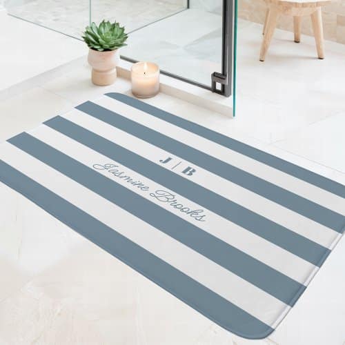 Personalized Gifts - Dusty Blue And White Wide Stripes Monogram Name Bath Mat