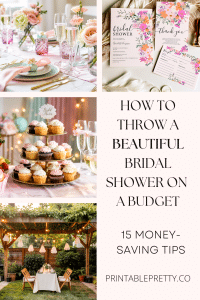 Collage of three images showing budget-friendly bridal shower ideas: a table setting, cupcakes on a tiered stand, and an outdoor garden party.