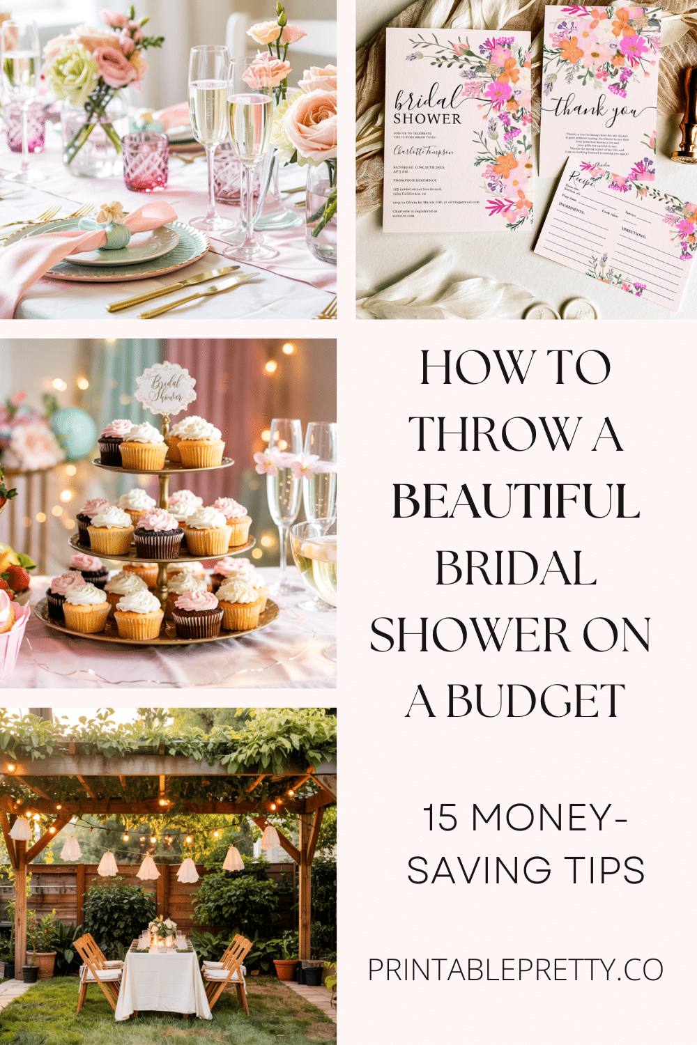 Collage Of Three Images Showing Budget-Friendly Bridal Shower Ideas: A Table Setting, Cupcakes On A Tiered Stand, And An Outdoor Garden Party.