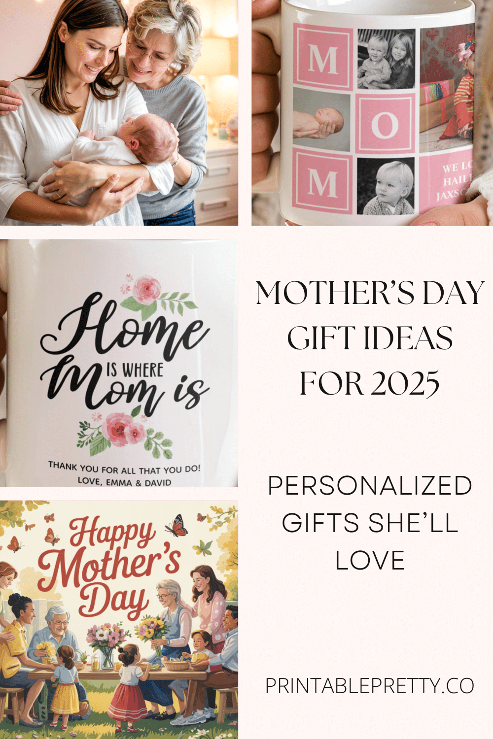 Collage Of Mothers Day Gift Ideas Featuring Personalized Mugs And Cards.