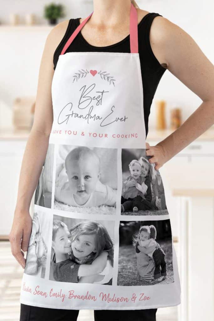 White Kitchen Apron With “Best Grandma Ever” Text, Six Black-And-White Family Photos, And Grandkids’ Names—Perfect Personalized Gift For Grandma.