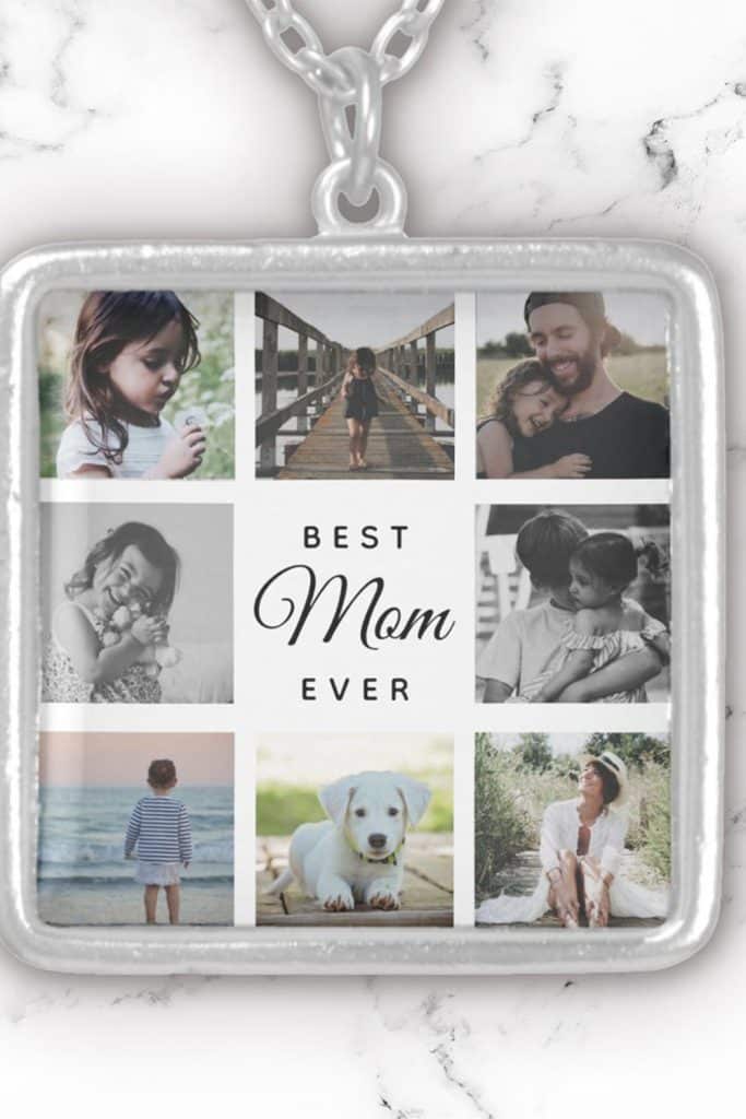 Square Silver-Plated Necklace Featuring A 9-Photo Collage In A Grid With “Best Mom Ever” Text In The Center, Styled Like An Instagram Feed.