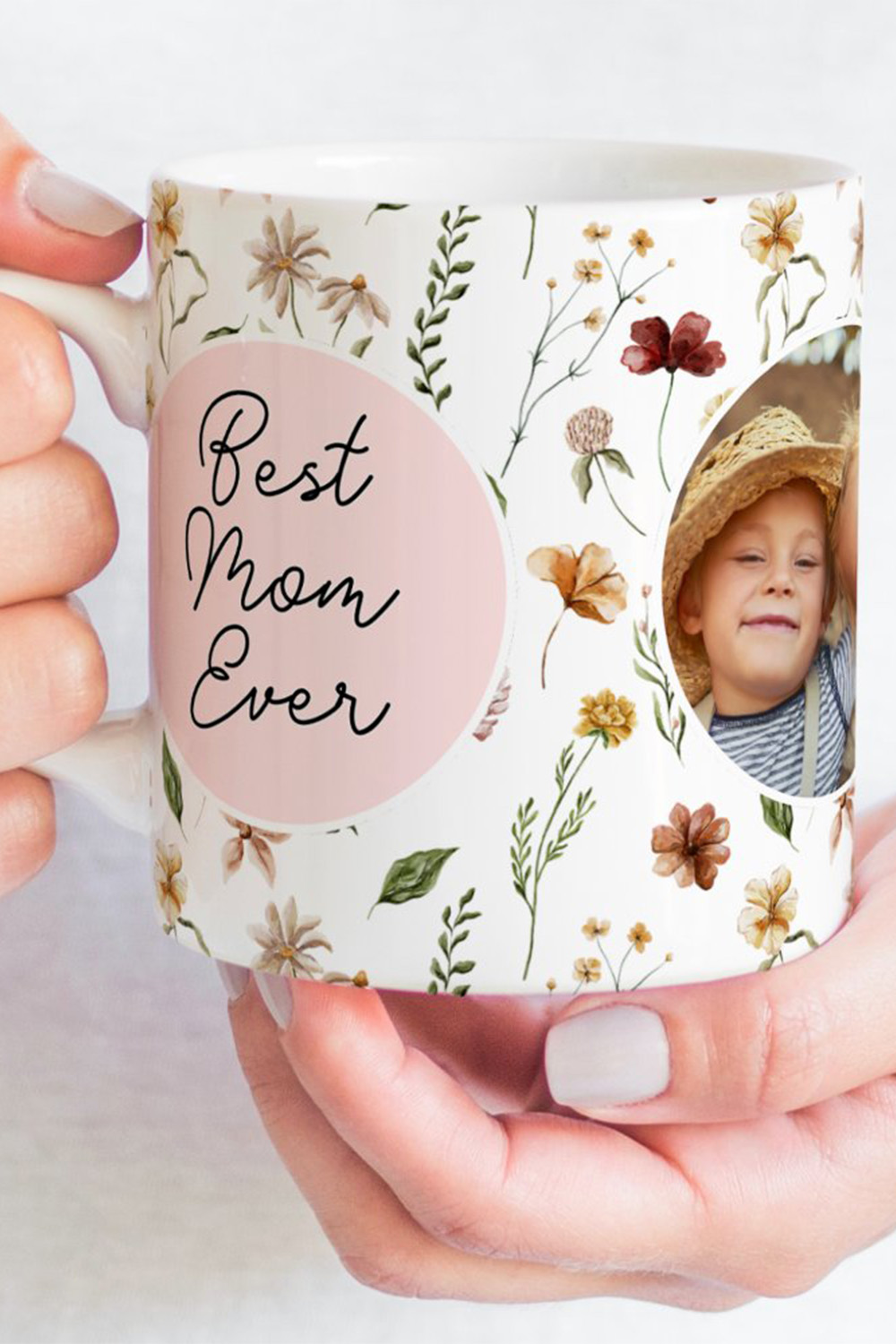 White Ceramic Mug With Wildflower Pattern, Blush Pink Oval Label That Says “Best Mom Ever,” And Custom Photo—Perfect For Mother’s Day.
