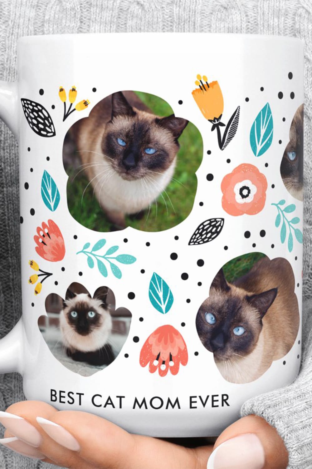 White Ceramic Mug With Colorful Floral Design And Custom Cat Photo Collage, Featuring The Text “Best Cat Mom Ever.”