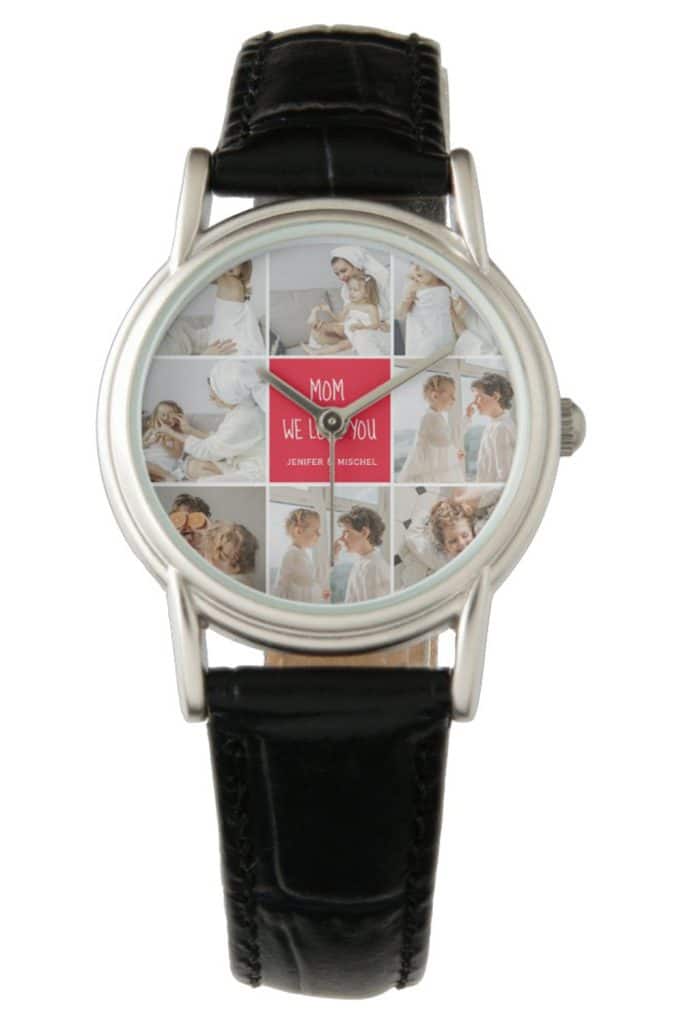 Silver Wristwatch With Black Leather Band Featuring A Nine-Photo Collage Of Mom And Kids, With Red “Mom, We Love You” Text In The Center And Personalized Names.