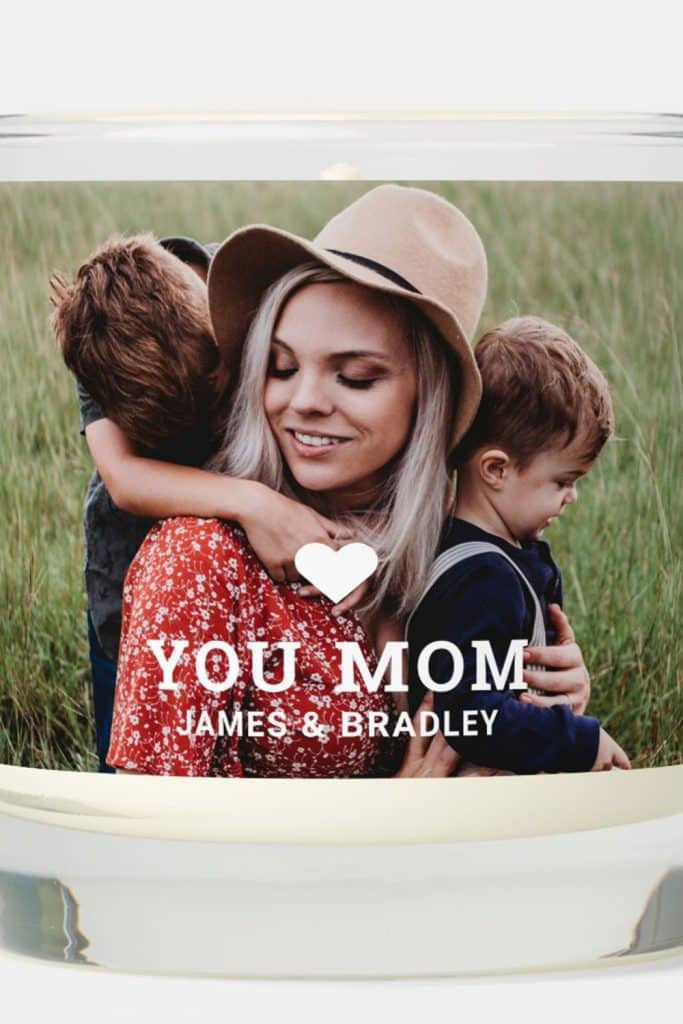 Glass Candle With Photo Of Mom Hugging Her Kids In A Grassy Field, Personalized With “Love You Mom” And The Names James &Amp; Bradley—Ideal For A Heartfelt Mother’s Day Gift.