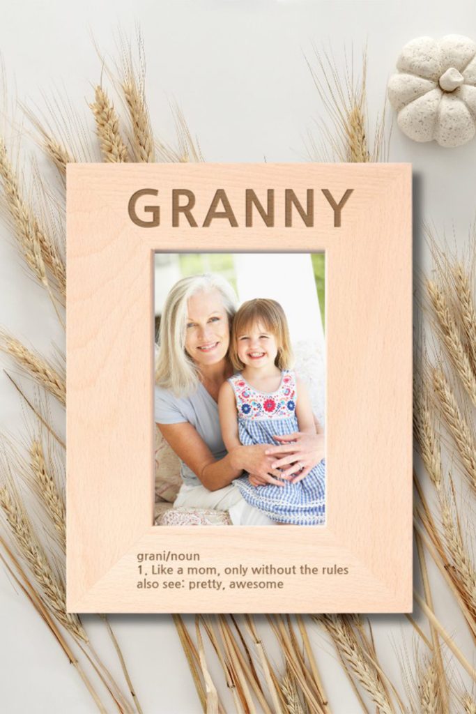 Wooden Picture Frame With The Word “Granny” Engraved At The Top And A Funny, Heartfelt Definition Etched Below, Featuring A Photo Of Grandma And Granddaughter.
