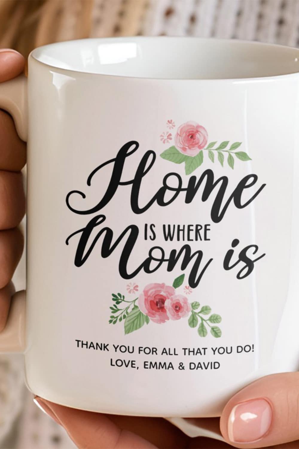 White Ceramic Coffee Mug With Black Script That Says “Home Is Where Mom Is,” Surrounded By Pink Floral Designs And A Personalized Thank-You Note.