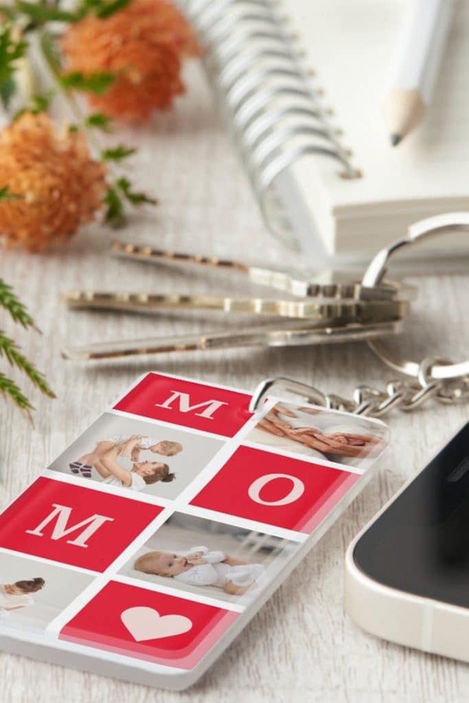Red And White Modern Collage Photo Keychain Spelling “Mom” With Personal Baby And Family Pictures—Sentimental And Stylish Mother’s Day Gift.