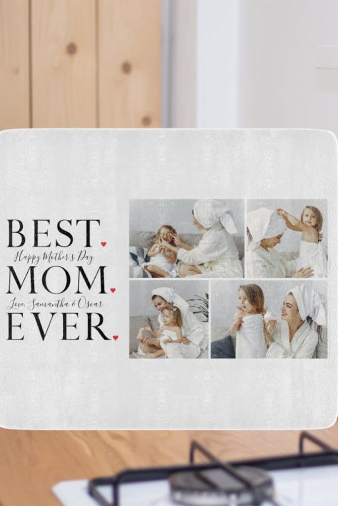 White Cutting Board Featuring “Best Mom Ever” Text With Heart Accents And A Modern Photo Collage Of Mom And Daughter In Matching Robes—Perfect Mother’s Day Gift.