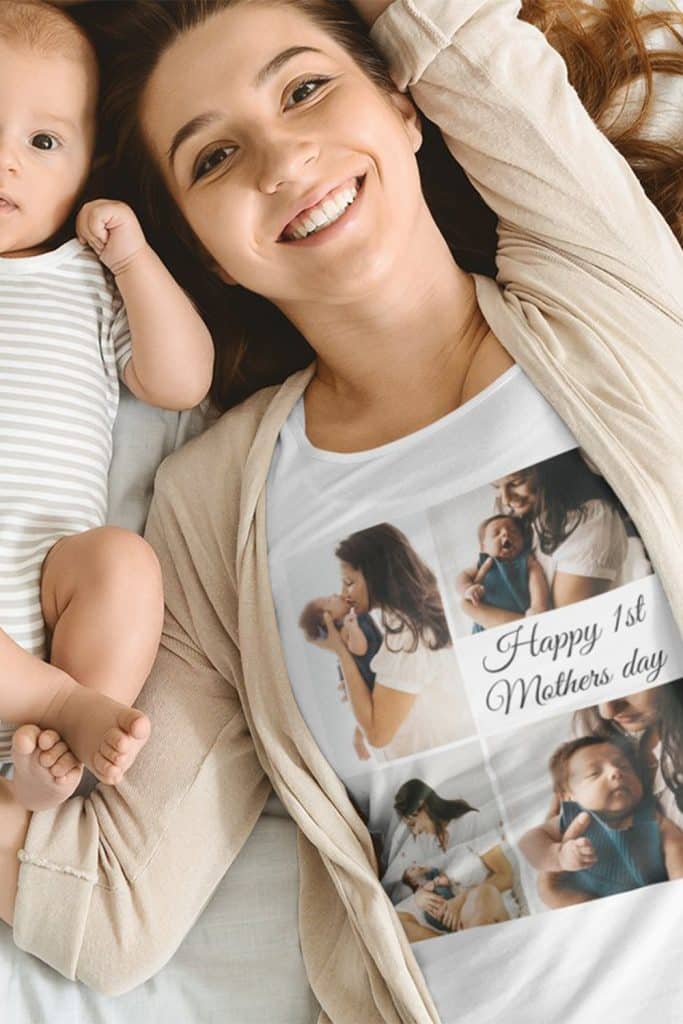 White T-Shirt With A Black-And-White Modern Collage Of Baby And Mom Photos And “Happy 1St Mother’s Day” Script—Perfect Personalized Gift For New Moms.