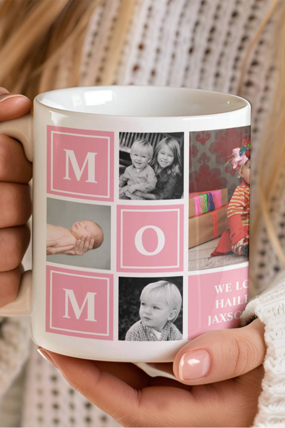 White Ceramic Mug With Pink Photo Collage Design Spelling &Quot;Mom,&Quot; Featuring Baby And Child Photos—Perfect Personalized Mother’s Day Gift.