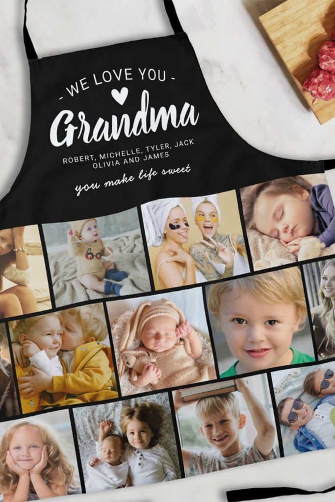 Black Apron With “We Love You Grandma” Text, A Personalized Name List, And Collage Of Family Photos—Thoughtful And Stylish Mother’s Day Gift.