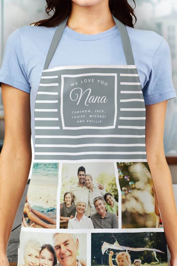 Dusty Grey-Blue Apron With “We Love You Nana” Text, Names Of Grandchildren, And A Photo Collage Of Family Moments—Thoughtful Gift For Nana.