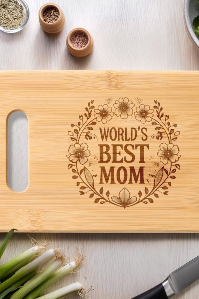 Bamboo Cutting Board With “World’s Best Mom” Text Engraved In The Center, Surrounded By A Detailed Floral Wreath Design—Ideal Mother’s Day Gift.