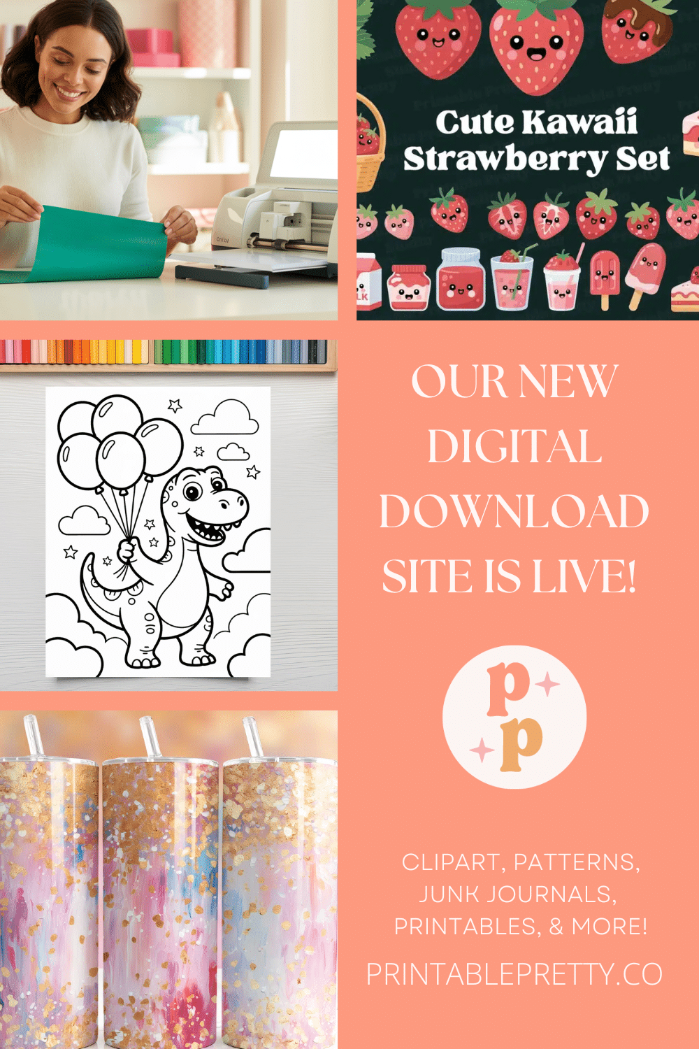Announcement Of A New Digital Download Site Featuring Clipart, Patterns, Junk Journals, Printables, And More.