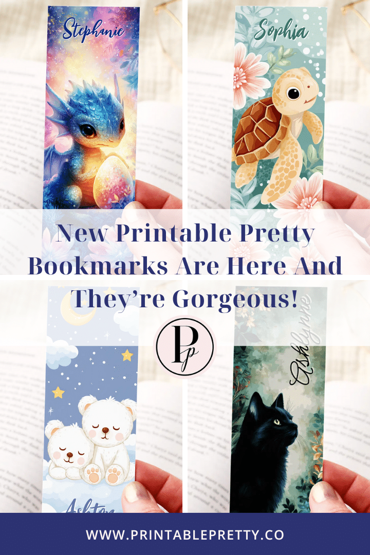 Four Personalized Bookmarks Featuring A Baby Dragon, A Sea Turtle, Two Polar Bears, And A Black Cat.