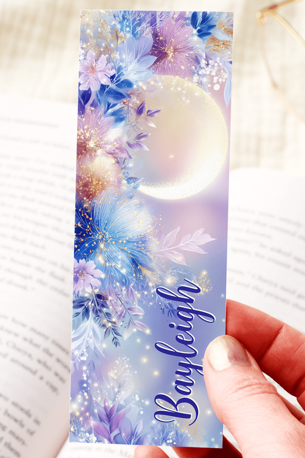 Printable Pretty Bookmarks Celestial Floral Moon Sparkle Bookmark