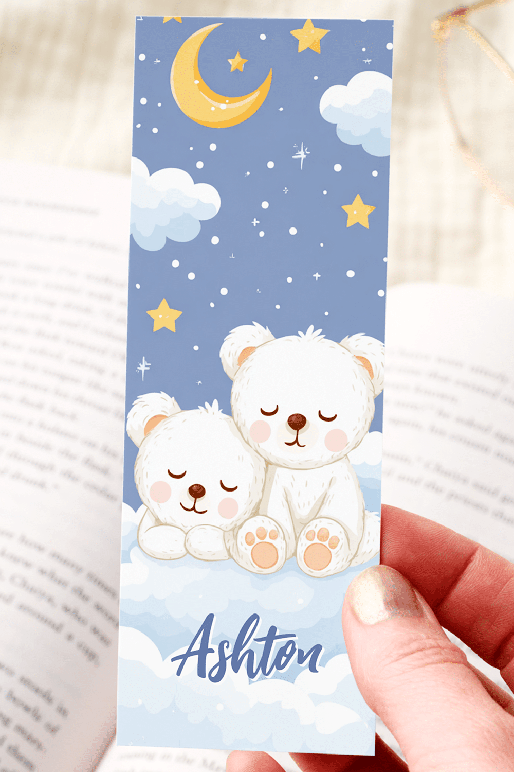 Cute Kawaii Bookmark Featuring Two Adorable Baby Polar Bears Snuggled On A Cloud In A Dreamy Night Sky With Stars And A Crescent Moon.