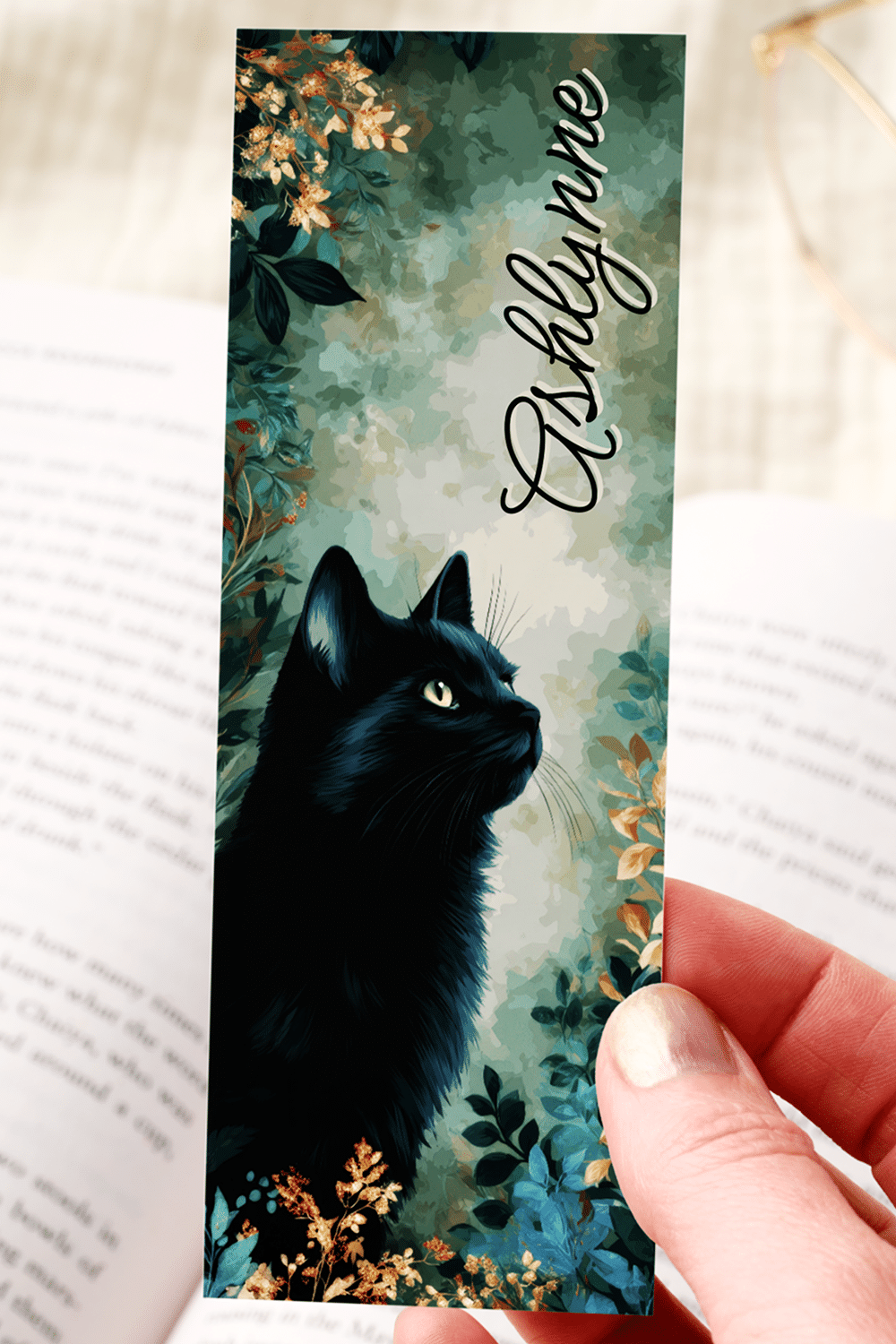 Dark Academia Bookmark Featuring A Black Cat Surrounded By Richly Colored Floral Elements Against A Dark, Atmospheric Background.
