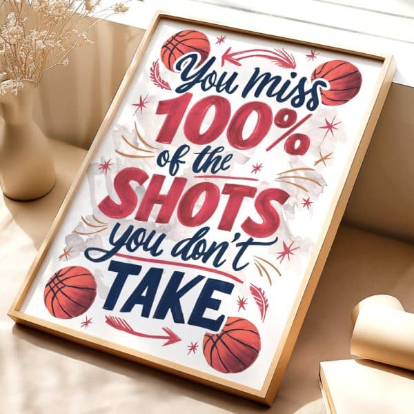 Framed Motivational Poster With Basketballs And Text: You Miss 100% Of The Shots You Don'T Take.