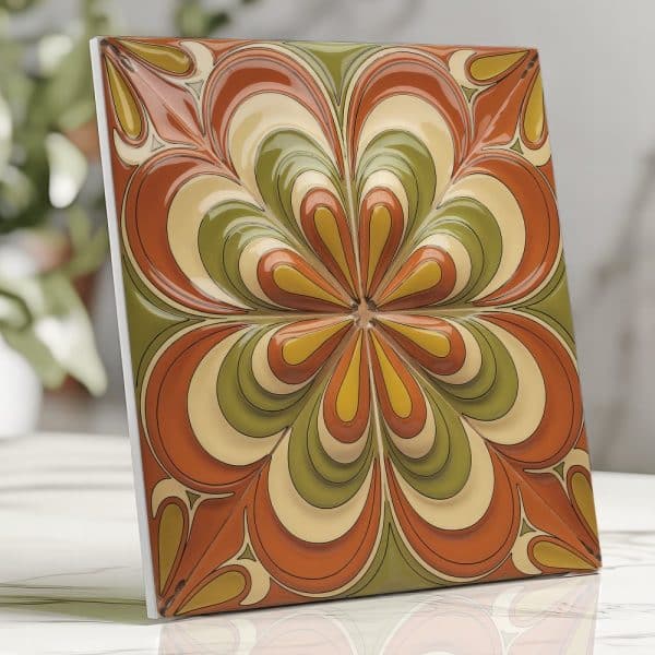 A Square Tile With A Retro-Style Flower Design In Shades Of Orange, Green, And Beige.