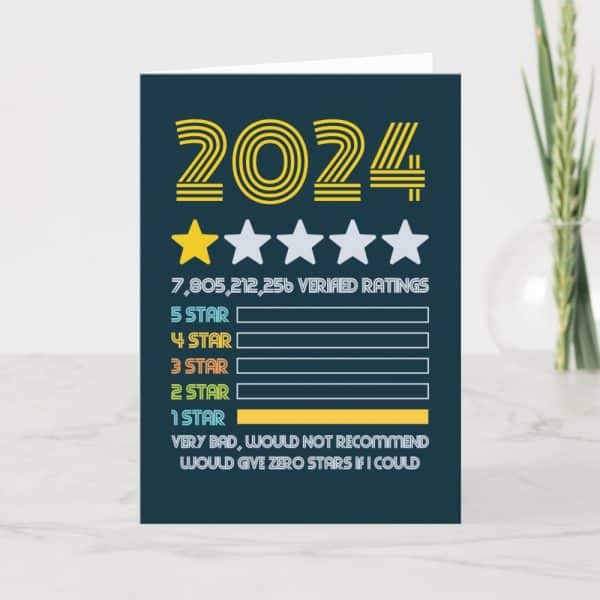 A Dark-Blue Card With The Year 2024 In Yellow, Receiving A One-Star Rating Out Of Five, Accompanied By Humorous Negative Feedback.