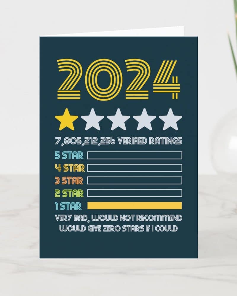 A dark-blue card with the year 2024 in yellow, receiving a one-star rating out of five, accompanied by humorous negative feedback.