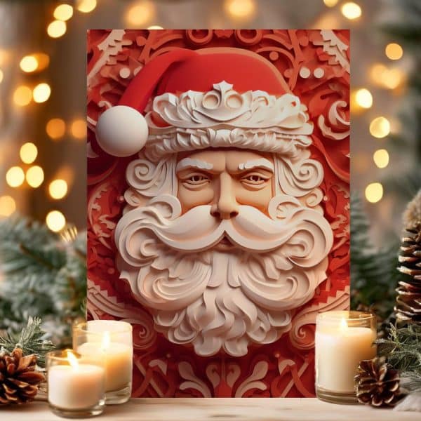 Intricate, Ornate Relief Carving Of Santa Claus'S Face Against A Red Background.