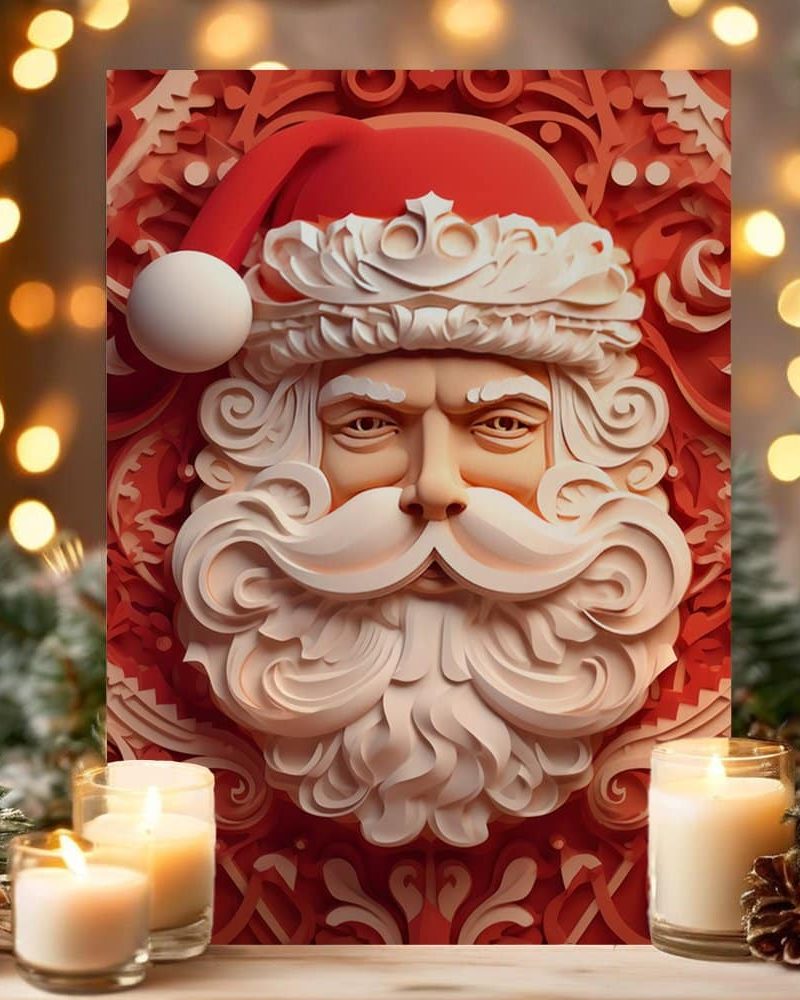 Intricate, ornate relief carving of Santa Claus's face against a red background.