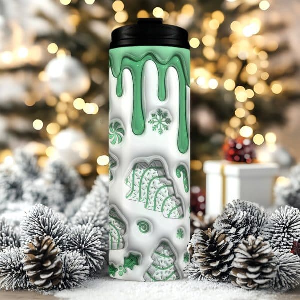 Green Peppermint Design On A White Travel Mug.