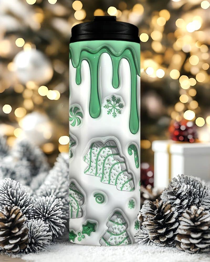 Green peppermint design on a white travel mug.