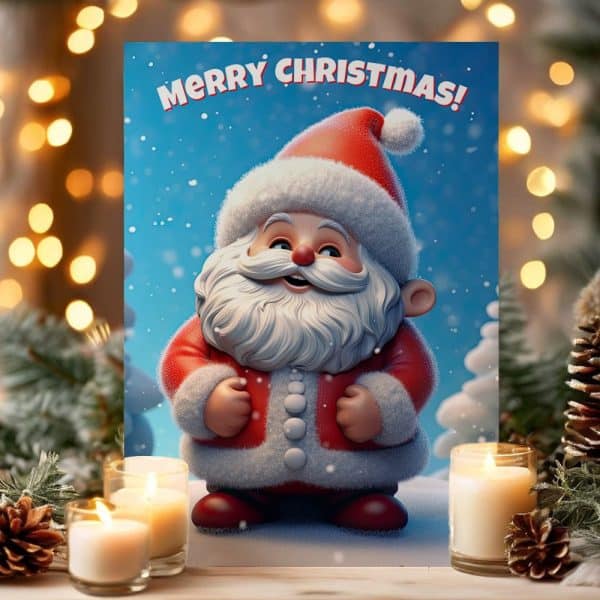 A Cheerful, 3D-Rendered Santa Claus In A Red Suit, Standing In A Snowy Scene. Merry Christmas Text Is Above Him.
