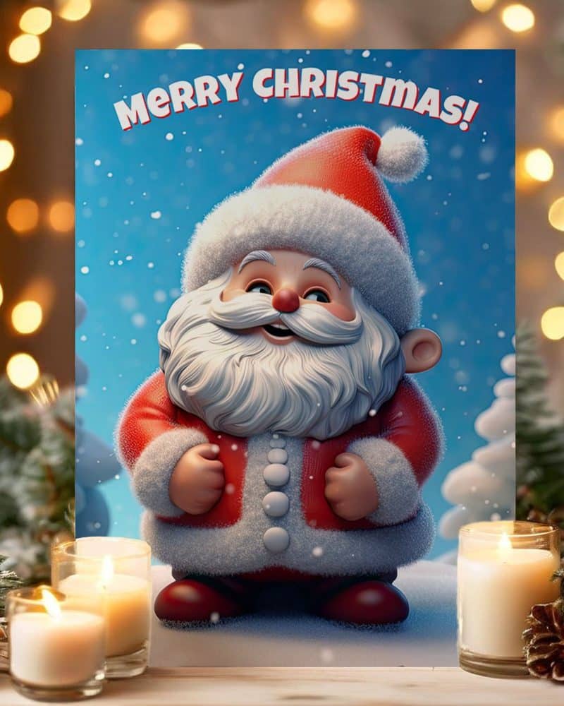 A cheerful, 3D-rendered Santa Claus in a red suit, standing in a snowy scene. Merry Christmas text is above him.