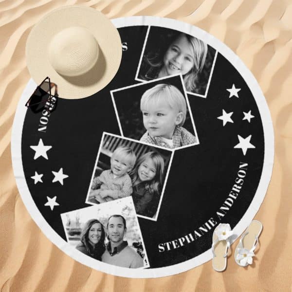 Black And White Family Photos Arranged On A Round Beach Towel With The Family'S Name.