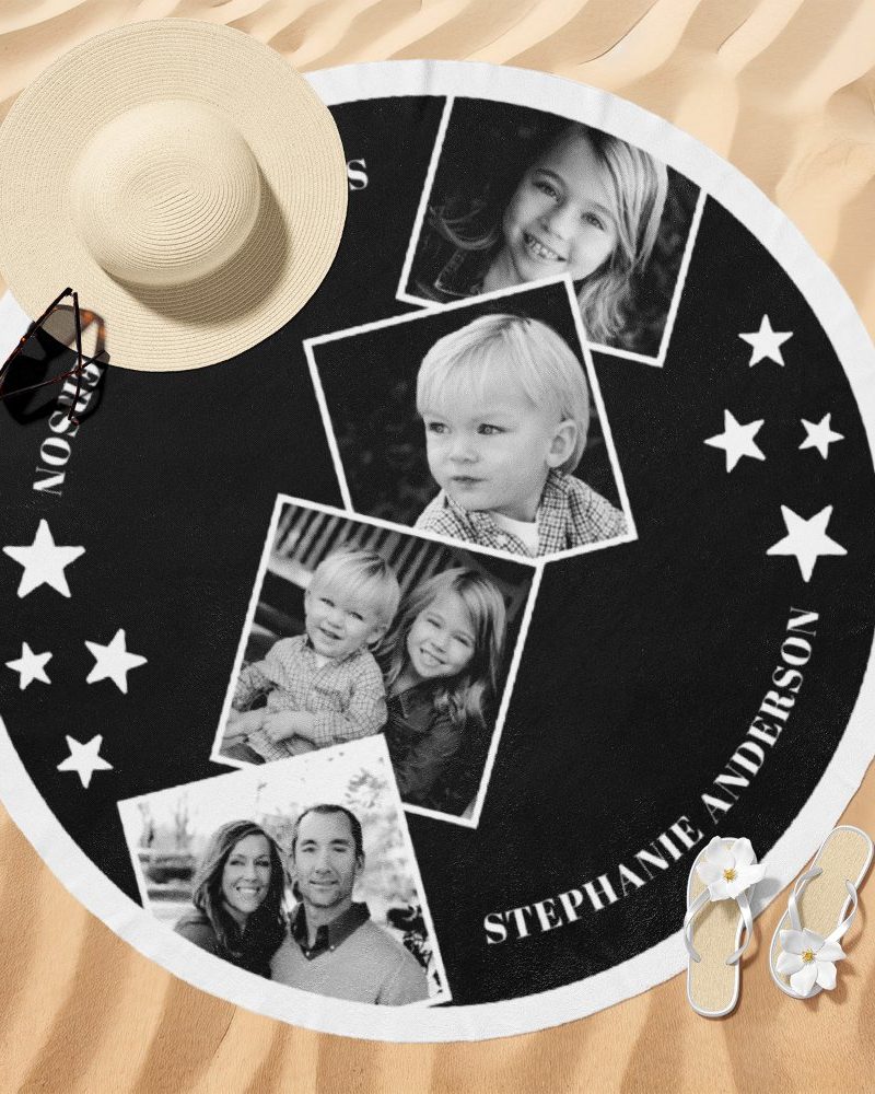 Black and white family photos arranged on a round beach towel with the family's name.
