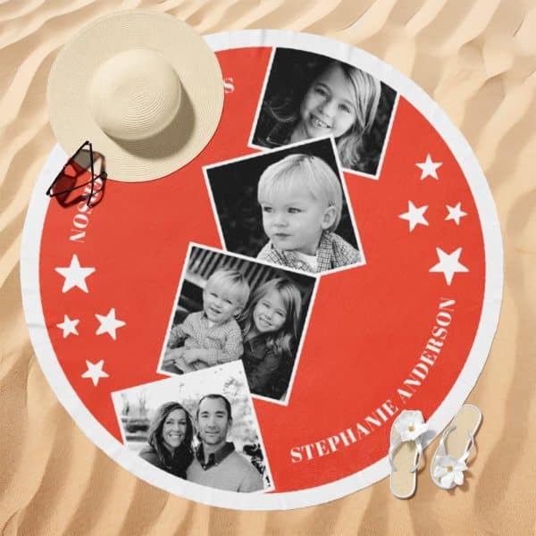 Red Round Beach Towel With A Family Photo Collage And The Name Stephanie Anderson.